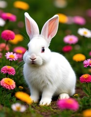 Fototapeta premium A cute rabbit among flowers. Animal pet card, poster.