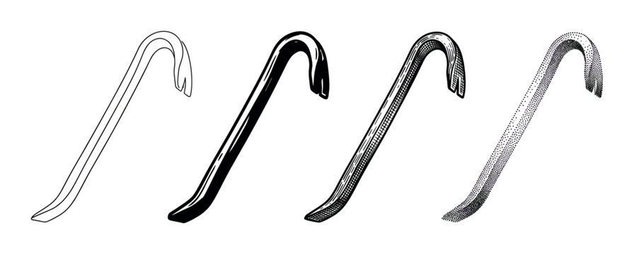 Four different crowbar illustrations in various artistic styles showcasing a versatile tool for construction and demolition tasks.
