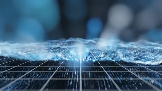 Abstract digital landscape with glowing blue particles forming mountains and waves over a grid representing data flow and technology.