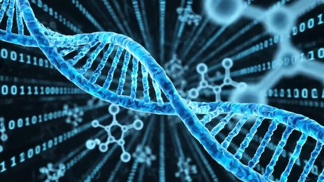 Abstract 3D animation of a glowing blue DNA double helix structure rotating in front of a background of binary code and molecular structures representing genetics and science.