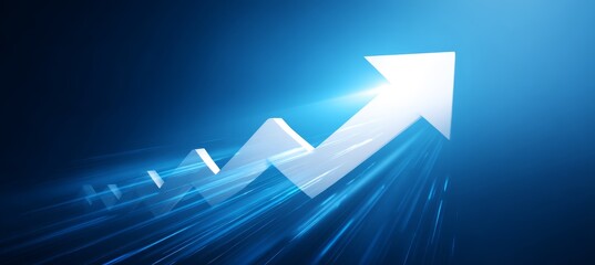 Upward growth on blue glowing background. Success business investment target money return. Generative AI technology.
