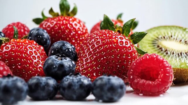 A vibrant and refreshing closeup of a healthy assortment of fresh berries including strawberries blueberries raspberries and sliced kiwi fruit on a clean white background.