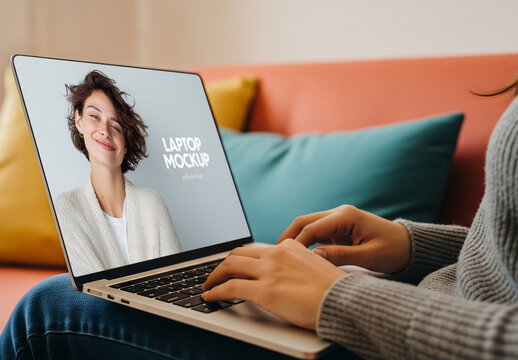 Laptop mockup of woman using notebook at home on sofa