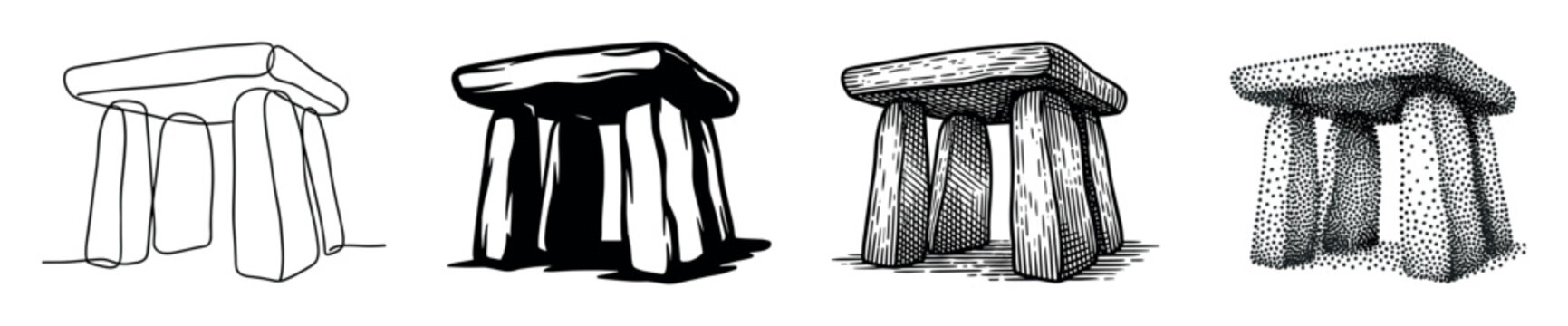 Ancient megalithic dolmen structures depicted in various artistic styles including continuous line, solid black, engraved, and stippled illustrations.