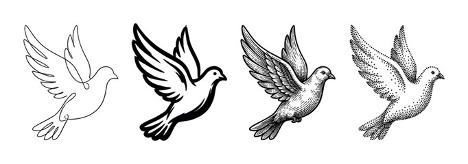 Obraz premium Four different artistic styles of flying doves illustration set representing hope, peace, and spirituality.