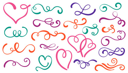 Set of colorful hand-drawn calligraphic flourishes and hearts for playful designs. These vibrant swirls and scrolls are perfect for wedding invitations, greeting cards, and romantic stationery. © _aine_