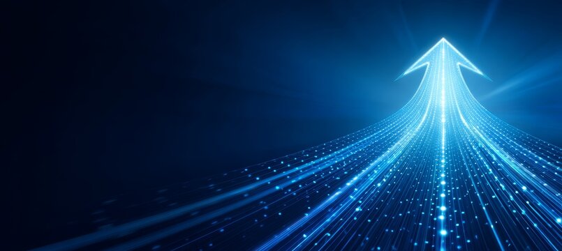 Blue arrow growth up concept. Success business investment target money return. Generative AI technology.
