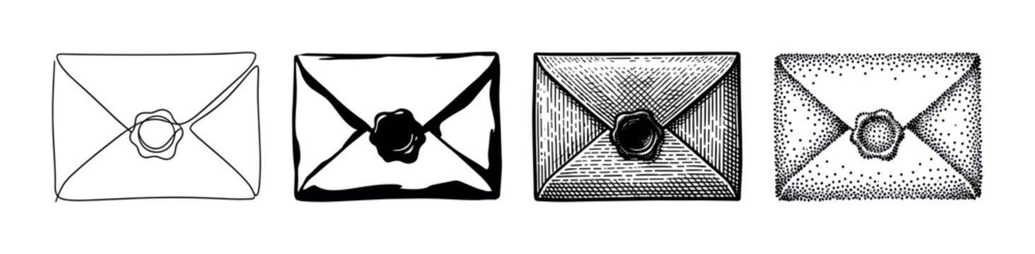 Four illustrated envelopes with wax seals in different styles, depicting communication, mail, and vintage correspondence.