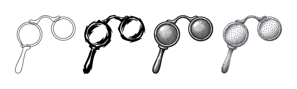 Vintage opera glasses and lorgnette illustrations showcase diverse artistic drawing techniques in a cohesive set.