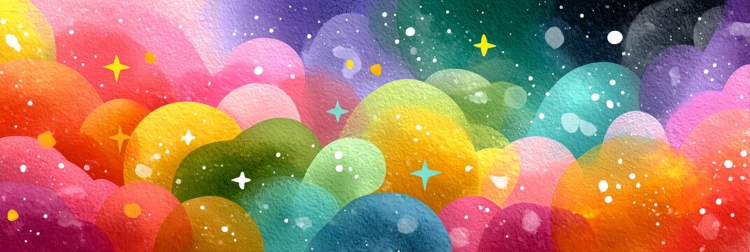 Vibrant watercolor cosmic backdrop with rainbow gradient Easter eggs, bubbles, glowing stars, whimsical celestial design for kids decor, party banner and creative projects
