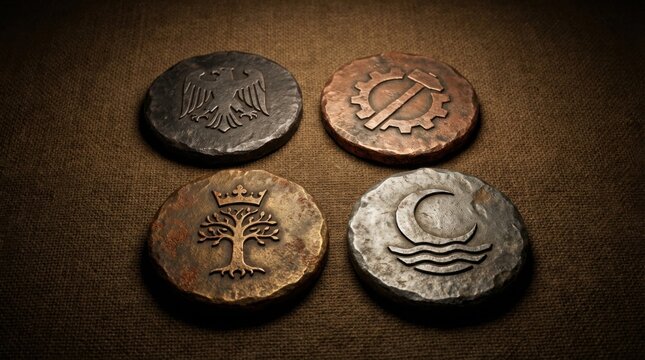 Four intricately engraved fantasy faction tokens featuring distinct ancient symbols on a textured surface