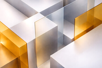 金と銀が輝く透明ガラスパネルと立体ブロックの高級感ある抽象3D背景