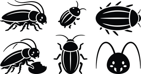 Fototapeta premium Minimalist black insect icon set showing six cockroach silhouettes in side view top view close up feeding pose antenna details clean vector art for labeling illustration