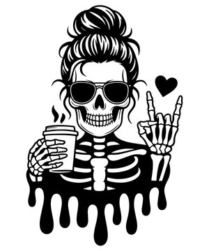 Cool Skeleton Girl with Messy Bun and Coffee