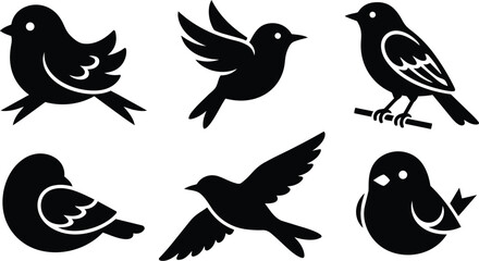 Fototapeta premium Minimalist vector art six black bird icons in varied poses including side view three quarter flying perched resting on a thin branch up flat silhouette design