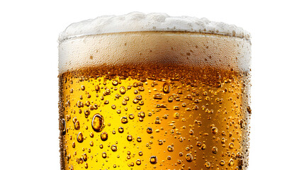 Ultra realistic HD glass of beer with foam and bubbles, isolated on white background