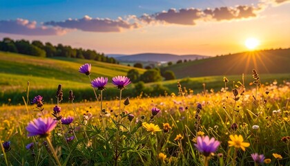 Endless Wildflower Field at Golden Hour with Warm Sunset Glow