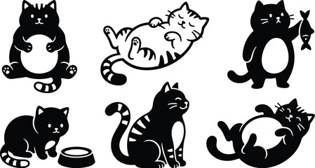 Obraz premium Minimalist vector cat icon set showing six playful black and white kittens in various poses holding fish eating from bowl rolling on back flat design