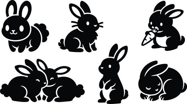 Cute silhouette vector icons of six rabbits in various playful poses including nibbling a carrot cuddling sleeping sitting standing and profile view on simple white background