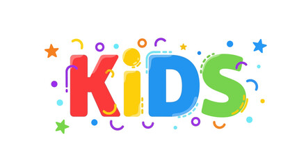 Fototapeta premium Colorful illustration of children having fun surrounded by playful shapes and stars