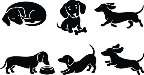 Minimalist vector art dachshund icons sleeping sitting running eating playing with bone bowl playful poses side view front close up flat design pet icon set silhouette