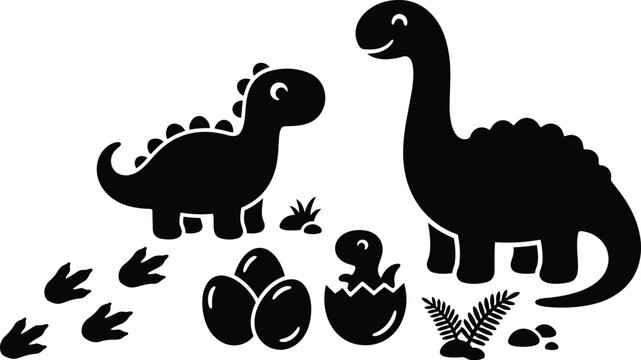 Flat silhouette vector art close up side view dinosaur family with eggs and hatchling walking showing footprints fern details smiling simple black shapes cute low angle