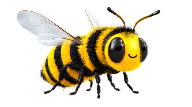 Ultra realistic HD cartoon bee smiling yellow black stripes, isolated on white background