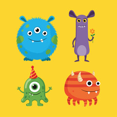Fototapeta premium Smiling green monster with four arms celebrating fun times against bold orange cartoon background.