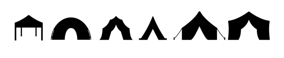 Plakat Camping tent shelter canopy pavilion marquee gazebo silhouette icon set black isolated outdoor adventure tent icon set.