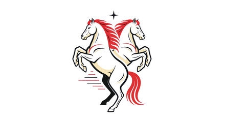 Two rearing horses with red manes and star logo on white background vector design © Aester