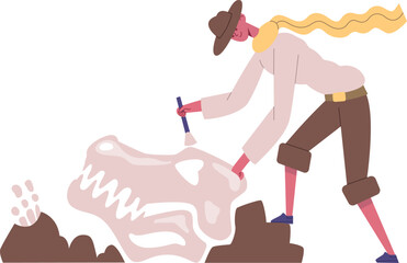 Woman paleontologist discovering dinosaur fossil during excavation © WinWin