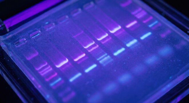 DNA electrophoresis gel glowing under UV light