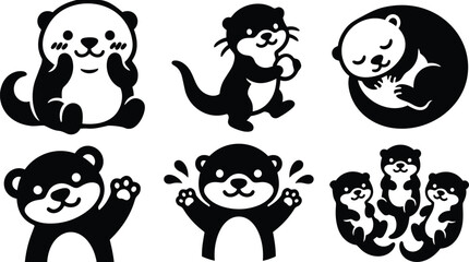 Fototapeta premium Cute minimalist vector otter icons set showing close up smiling otter waving holding shell sleeping curled trio composition flat style black and white playful friendly badge