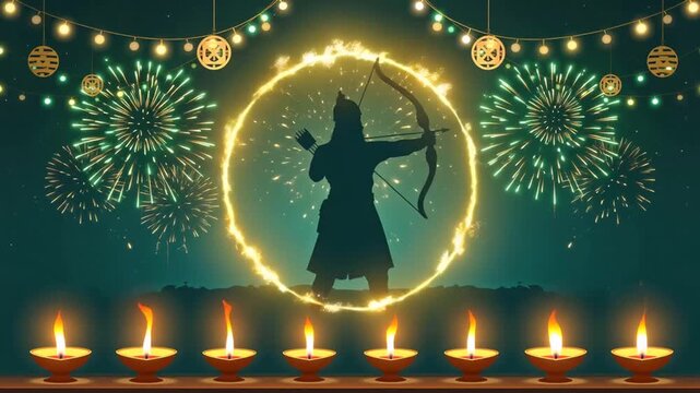 Happy Ram Navami vector illustration of Lord Rama silhouette with bow and arrow surrounded by diya lights fireworks and golden festive decoration background