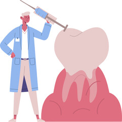 Dentist holding syringe beside giant tooth illustration