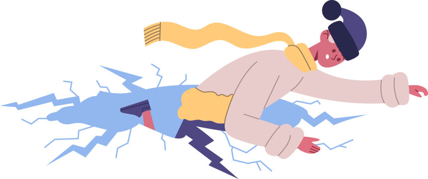 Person falling through cracking thin ice danger