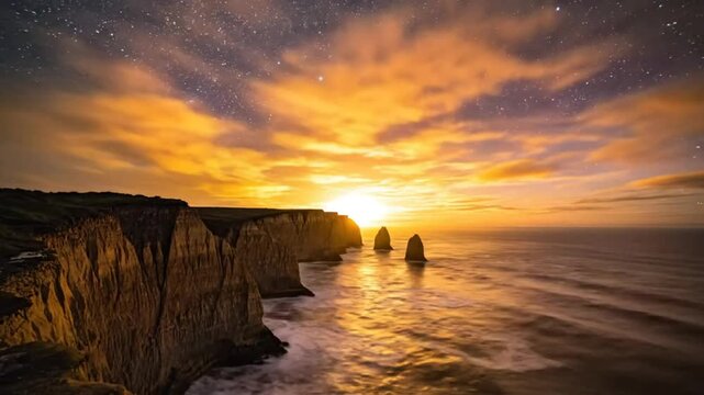 Time-lapse of starry night sky transforming to sunrise over ocean cliffs and rock formations