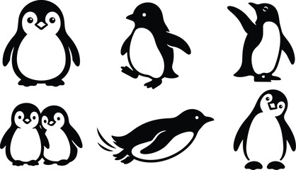 Minimalist vector penguin icons showing standing waddling sliding flapping poses with baby chicks close up side profile and playful curved silhouettes on white background clean simple