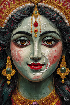 Impasto Oil Painting of Goddess Parvati Head - Thick Texture Art