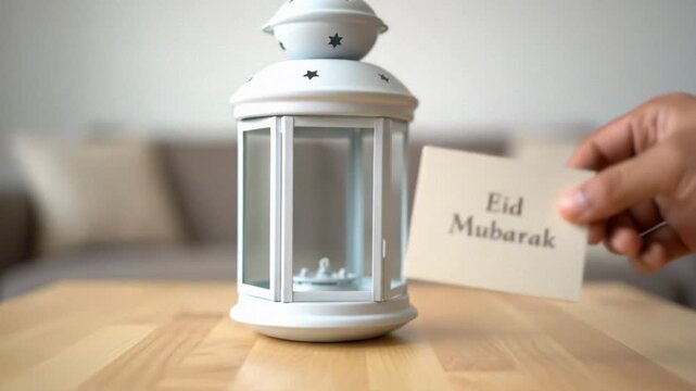 White Decorative Lantern on Wooden Table with Hand Holding Eid Mubarak Greeting Card Representing Modern Islamic Holiday Traditions and Minimalist Home Decor