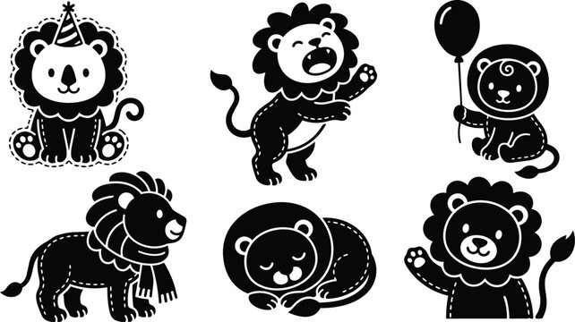 Cute sticker style lion cubs set showing sitting waving sleeping holding balloon wearing party hat and scarf in flat vector art black silhouette cutout outline playful