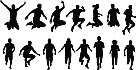 Fototapeta premium Set of Athletic Human Silhouettes Featuring Male and Female Runners Joggers and Jumpers in Motion for Sports Fitness and Active Lifestyle Design