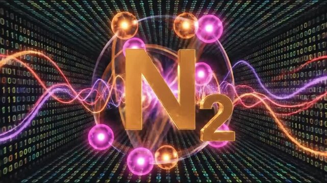 Vibrant digital illustration of n2 molecule with neon orbits and binary code background