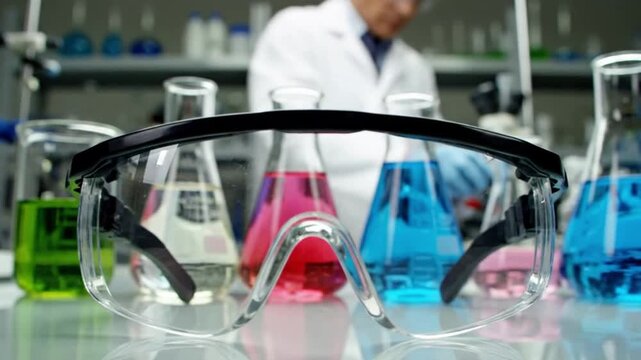 Safety goggles on a lab table with colorful beakers and a scientist in the background