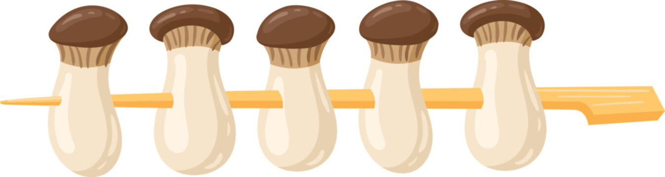 King oyster mushrooms on wooden skewer preparing for grilling