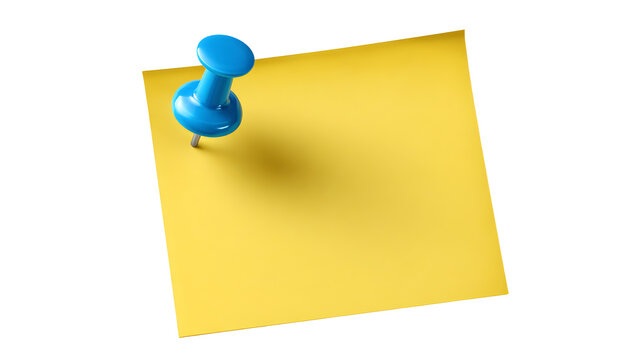 Ultra realistic HD yellow sticky note with blue push pin and shadow, isolated on white background
