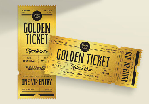 Golden Ticket Template & Luxury Admit One Pass for VIP Event Invite & Gala Concert Invitation Layout