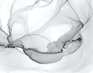 An abstract, monochrome artwork features flowing, layered forms resembling smoke or ink swirls with delicate gradients
