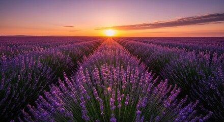 Obraz premium Lavender field bathed in sunlight, leading towards a vibrant sunset