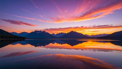 Fototapeta premium Colorful Sunset Over Calm Lake with Mountain Reflection Cinematic Travel Landscape